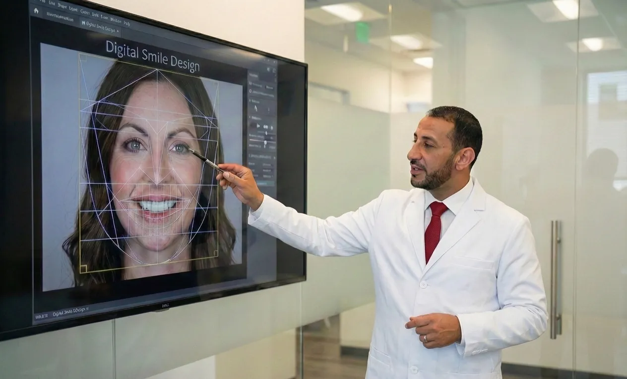 Dentist analyzing digital smile design on large screen in clinic